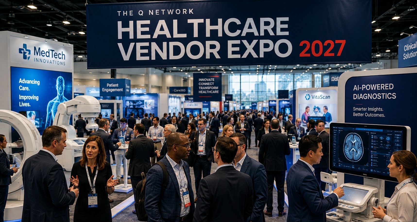 Healthcare Vendor Expo exhibition hall filled with vendor booths and attendees